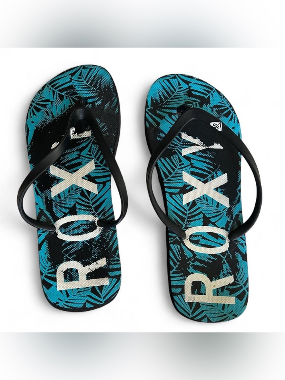 Women’s Roxy Black & Teal Tropical Leaf Flip Flops